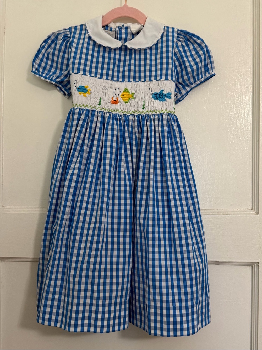 Carriage Boutique Blue Gingham Smocked Fish Dress with White Collar 👧🏼